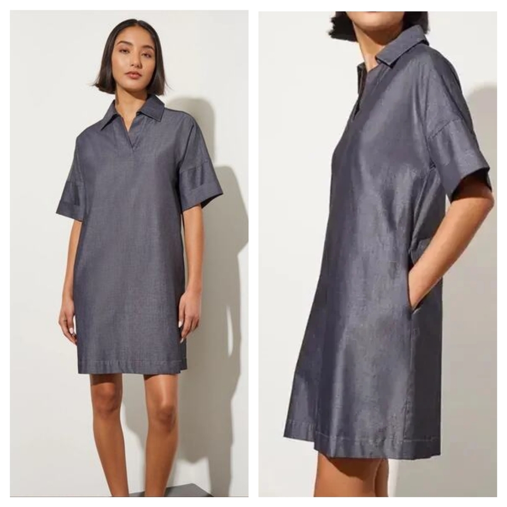 NWT Ming Wang Dark Grey Side Pocket A-Line Cotton Shirt Dress